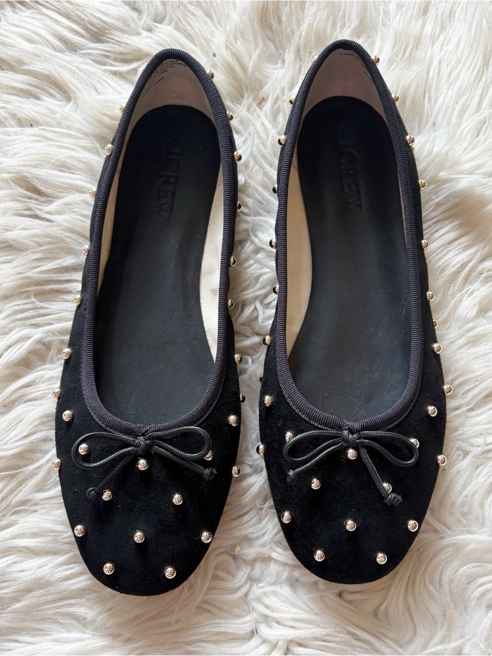 J.Crew CM926 Black Suede Studded Ballet Flats Leather Bow Women’s Size 9.5